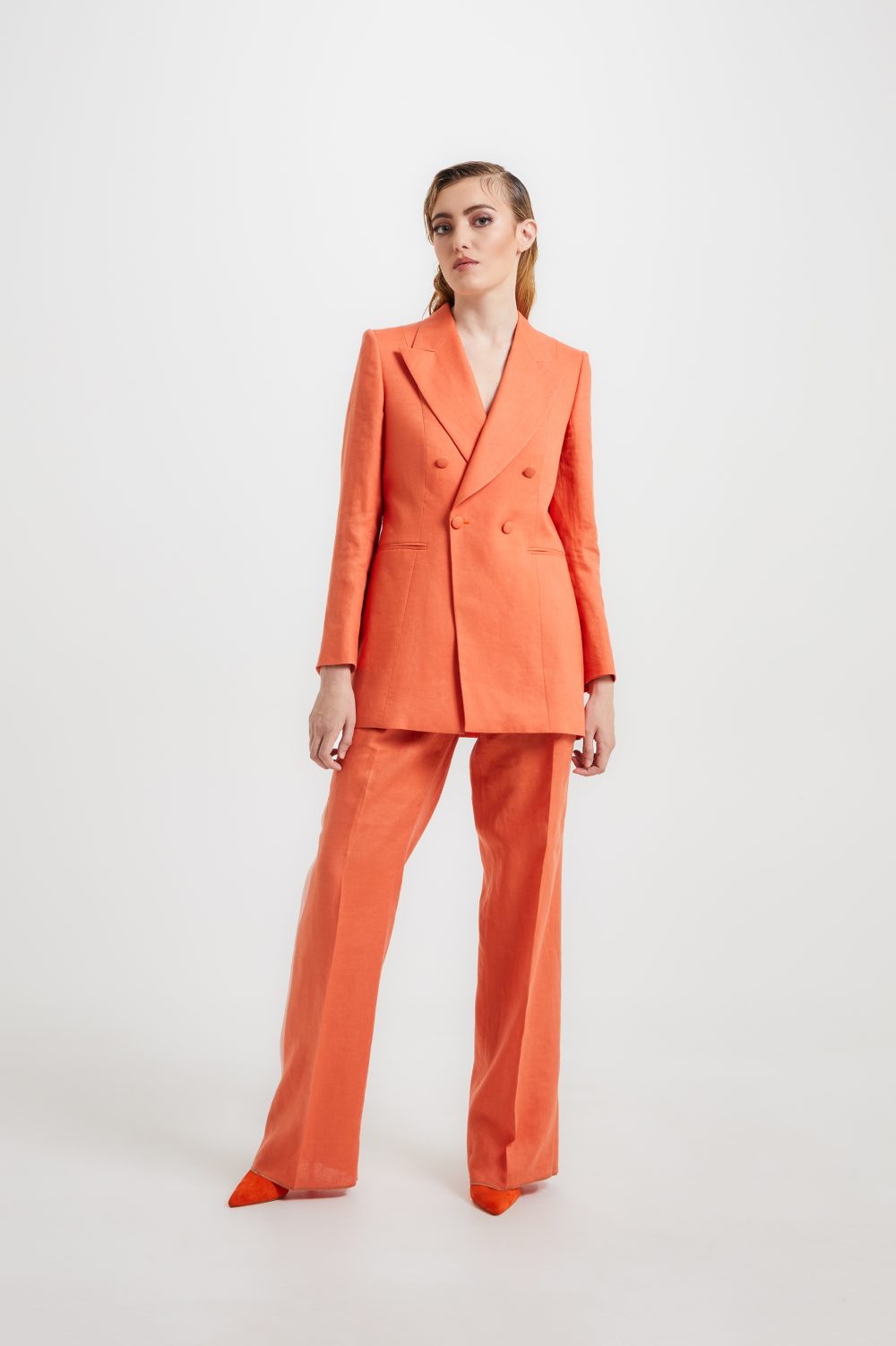 suit double breast orange woman linen